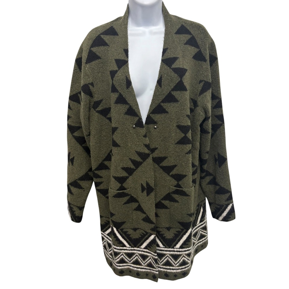 Frye Southwestern Geometric Open Front Cardigan Olive Green XL Longline Sweater